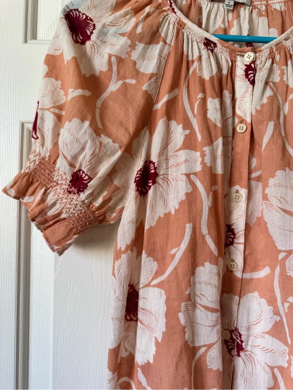 Madewell Peach and White Floral Button-Up Peasant Blouse